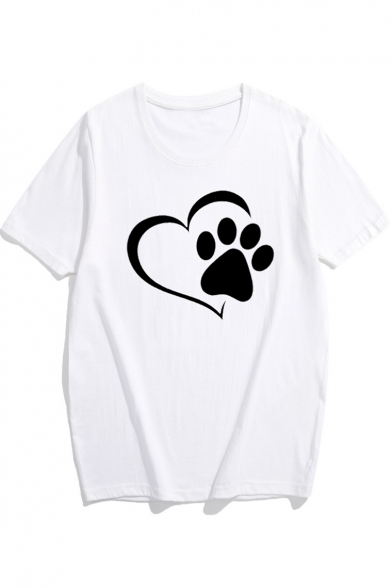 Cat's Paw Heart Printed Round Neck Short Sleeve Tee