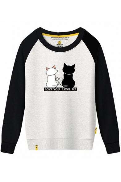 Cats LOVE YOU LOVE ME Letter Printed Color Block Raglan Long Sleeve Sweatshirt