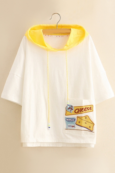 Cheese Letter Embroidered Color Block Short Sleeve Hooded Tee