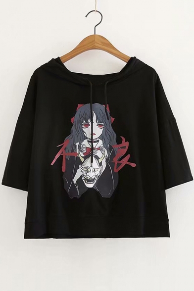 Chinese Cartoon Character Printed Round Neck Short Sleeve Hooded Tee