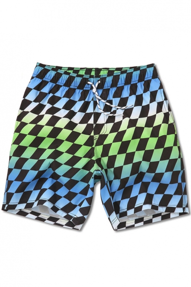 Classic Blue and Black Rhomboid Plaids Swim Trunks with Hook and Loop Pockets without Lining