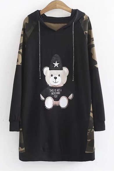 Color Block Camouflage Printed Bear Embroidered Long Sleeve Tunic Hoodie