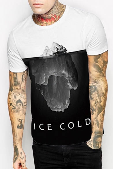 Color Block ICE COLD Letter Iceberg Printed Round Neck Short Sleeve Tee