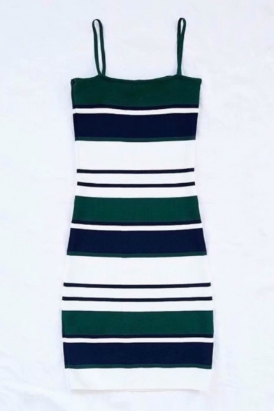 Color Block Striped Printed Spaghetti Straps Sleeveless Mini Cami Dress