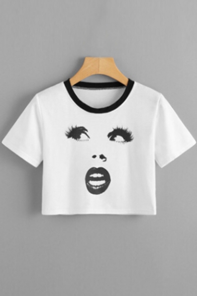 Contrast Round Neck Woman's Face Printed Round Neck Short Sleeve Crop Tee