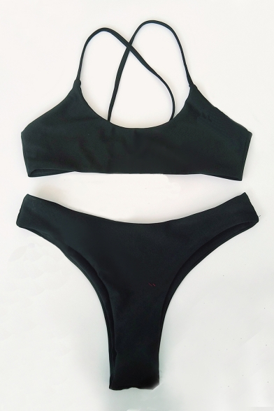 Crisscross Back Plain Spaghetti Straps Bikini