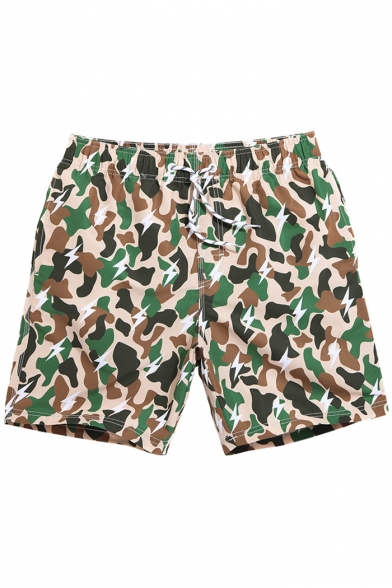 Fancy Fast Drying Khaki and Green Camouflage Bathing Trunks for Male with Mesh Lined Pockets