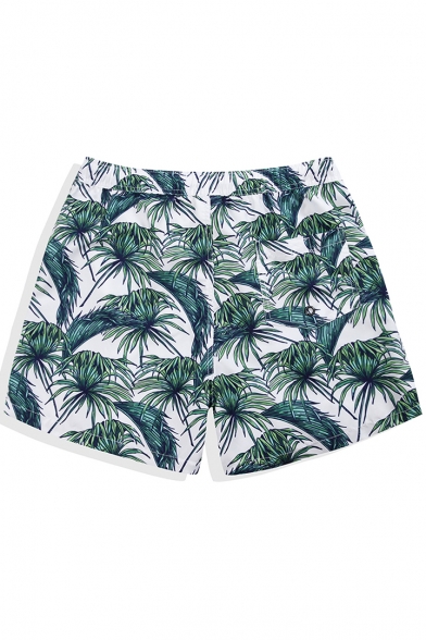 Fancy Men's White Tropical Leaf Print Swim Trunks with Mesh Liner and Pockets