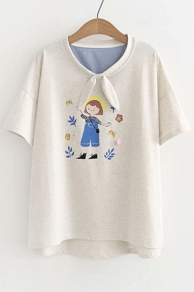Girl Printed Tie Front Round Neck Short Sleeve Tee