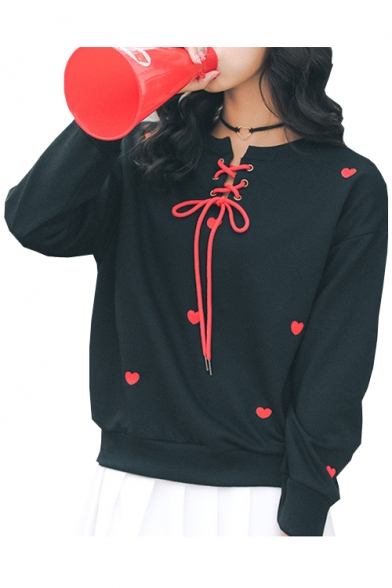 Heart Pattern Embroidered Round Neck Lace Up Embellished Long Sleeve Sweatshirt