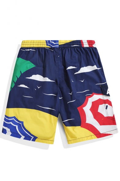 Hot Black Color Block Palm Print Swim Trunks with Drawcord without Liner