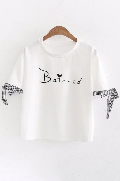 Letter Heart Printed Plaid Bow Tied Cuff Round Neck Short Sleeve Tee
