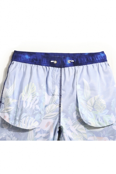 Men's Unique Blue Drawcord Bird Leaf Printed Swim Trunks Shorts with Back Pocket