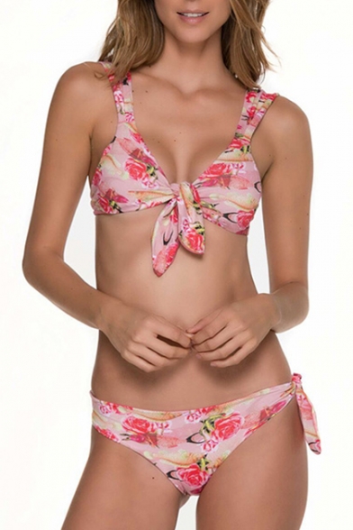 Rose Printed Sleeveless Tied Front Bikini