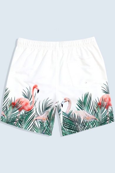 White Mens Quick Dry Summer Drawstring Flamingo Tropical Print Beach Shorts with Mesh Liner