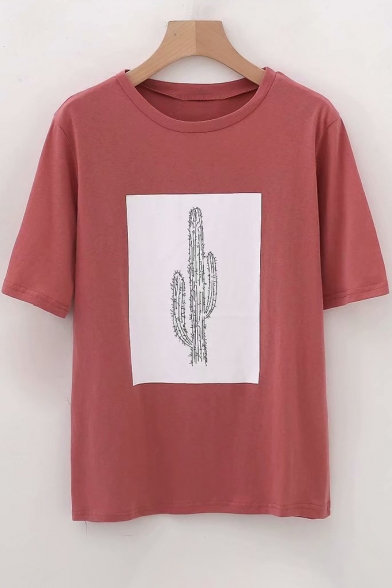 Cactus Printed Round Neck Short Sleeve Tee