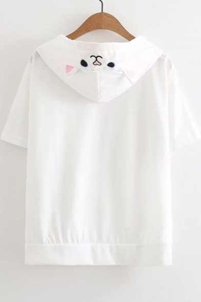 Cartoon Cat Embroidered Short Sleeve Pocket Front Plain Hoodie