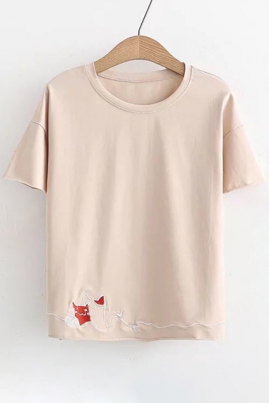 Cat Ball of Yarn Embroidered Round Neck Short Sleeve Tee