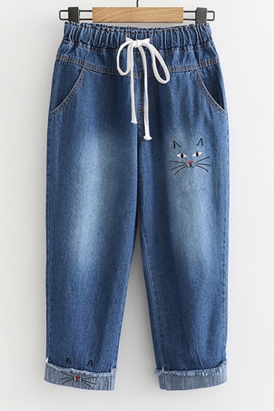 Cat Embroidered Drawstring Waist Loose Crop Jeans