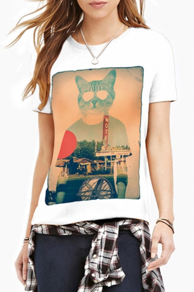 Cat's Head Character Printed Round Neck Short Sleeve Tee