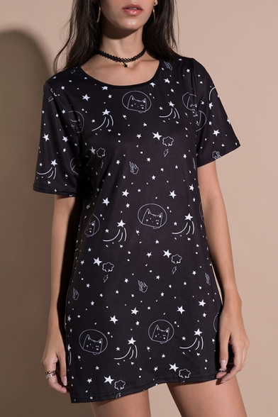 Cat Star Printed Round Neck Short Sleeve Tunic Tee