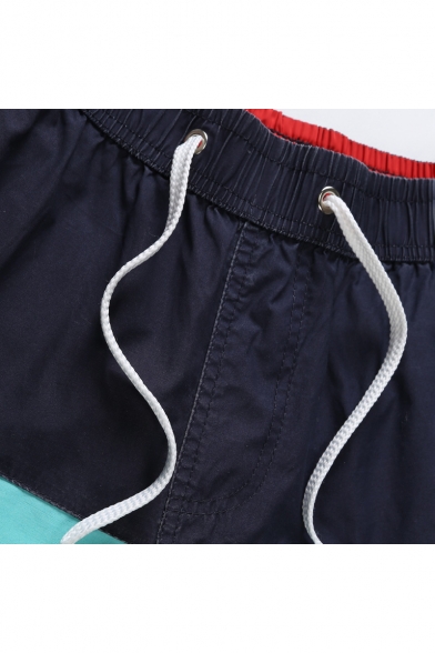 Classic Elastic Red and Blue Colorblock Beach Shorts Trunks with Back Zipper Pockets