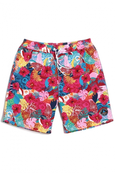 Colorful Mens Red Floral Pattern Swim Shorts with Pockets without Mesh Brief