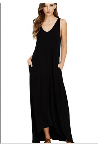 Comfort Loose Plain Round Neck Sleeveless Maxi Asymmetric Hem Dress