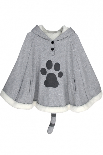Cute Cat Pattern Printed Tail Embellished Warm Hooded Cape