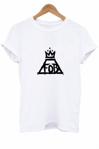 Fashionable FOB Letter and Crown Printed Round Neck Short Sleeve Tee