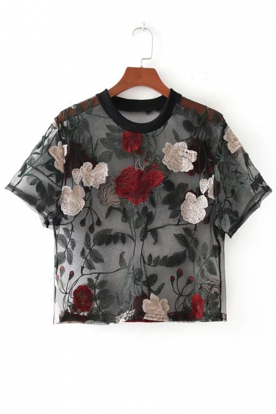 

Floral Embroidered Round Neck Short Sleeve Sheer Mesh Tee, LC471525