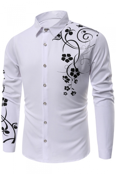 Floral Printed Lapel Collar Long Sleeve Slim Shirt