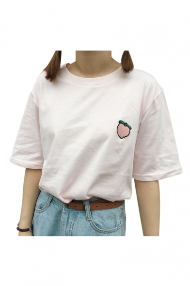 Fruit Embroidered Round Neck Short Sleeve Tee