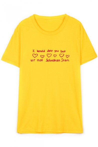 I WOULD DATE YOU Letter Heart Printed Round Neck Short Sleeve Tee