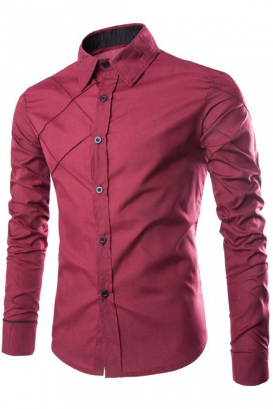 Lapel Collar Long Sleeve Single Breasted Slim Shirt