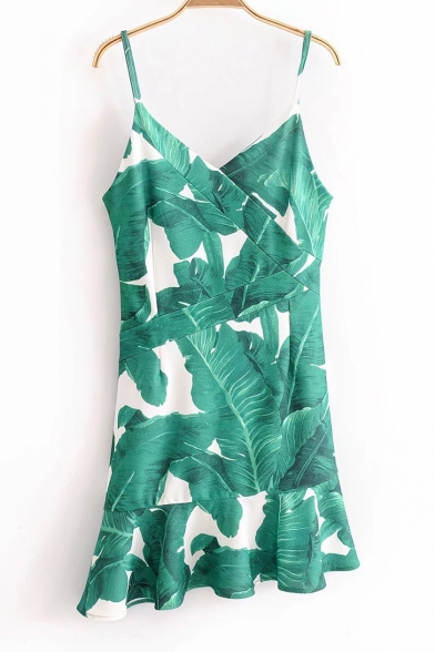 Leaf Printed Spaghetti Straps Sleeveless Asymmetric Hem Mini Cami Dress