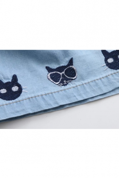 Leisure Cat Embroidered Drawstring Waist Loose Denim Shorts