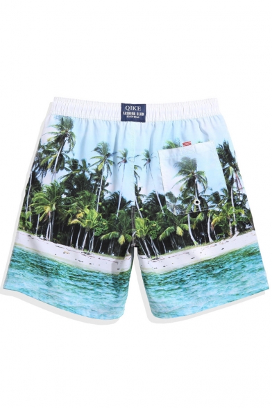 Mens Blue Beach Palm Print Swim Shorts Trunks with Mesh Lined Pockets