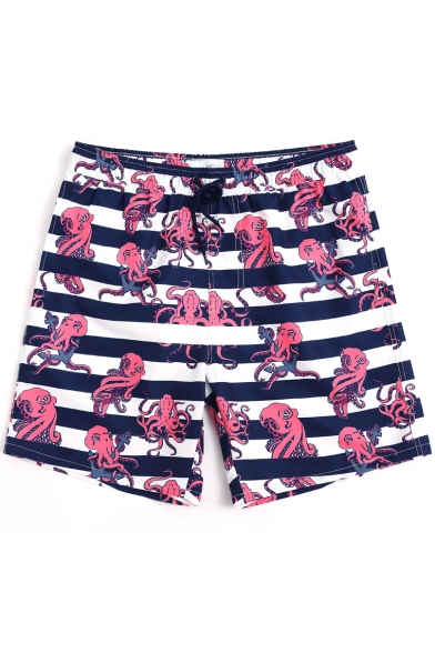 Mens Navy and White Striped Octopus Bathing Suits with Lining and Pockets