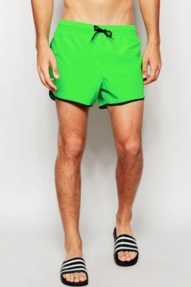 Mens Yellow Solid Elastic Drawstring Classic Swimming Trunks with Mesh Liner and Pockets