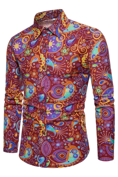 New Trendy Floral Printed Lapel Collar Long Sleeve Buttons Down Shirt