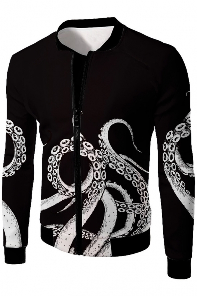 Octopus Printed Stand Up Collar Long Sleeve Zip Up Jacket