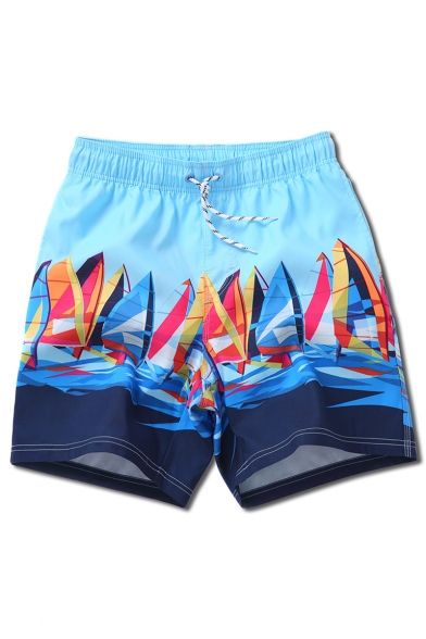 Quick Dry Bright Blue and Navy Drawstring Sailing Boat Print Stretch Swimming Shorts for Male