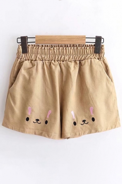 Rabbit Embroidered Elastic Waist Loose Shorts