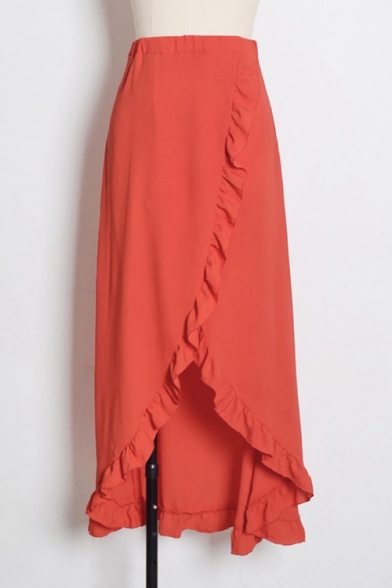 Ruffle Detail Split Front Plain Elastic Waist Maxi Asymmetric Hem Skirt