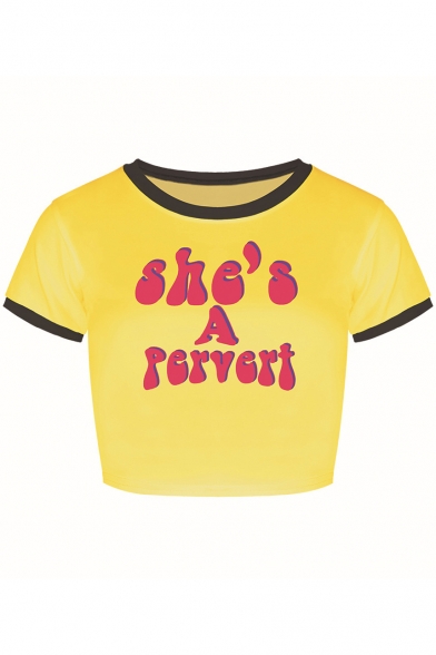 SHE'S A PERVERT Letter Printed Contrast Trim Round Neck Short Sleeve Crop Tee