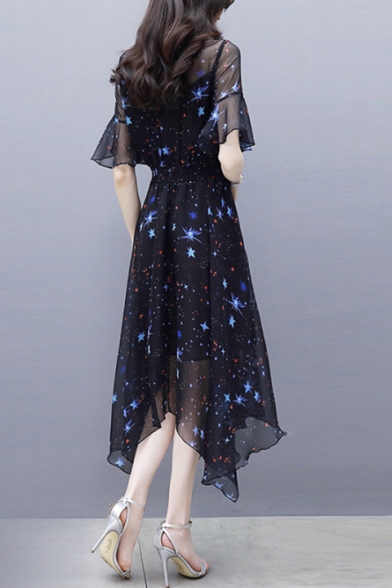 Star Printed V Neck Short Sleeve Midi Asymmetric Chiffon Dress