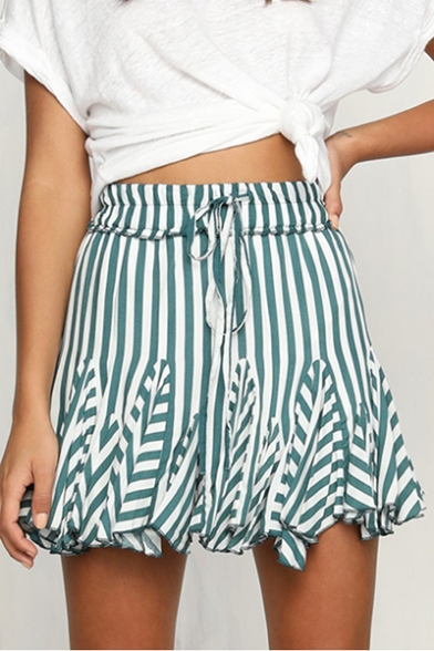 Striped Printed Drawstring Waist Asymmetric Hem Mini A-Line Skirt