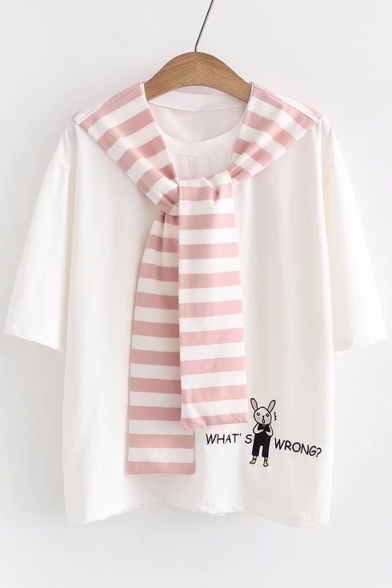 Striped Sailor Collar Short Sleeve Letter Rabbit Embroidered Tee