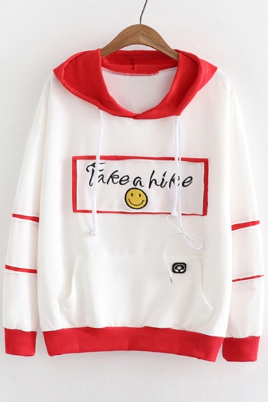 TAKE A HIKE Letter Smile Face Printed Stripes Color Block Long Sleeve Hoodie
